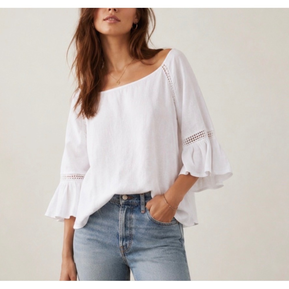 Bellambra Italy 100% Linen Sz M Embroidered Lace White Flare Sleeve Blouse Top